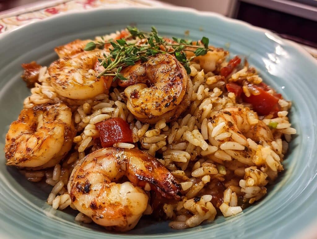 A bowl of Shrimp Orzo with grilled shrimp, orzo pasta, tomatoes, and fresh herbs.