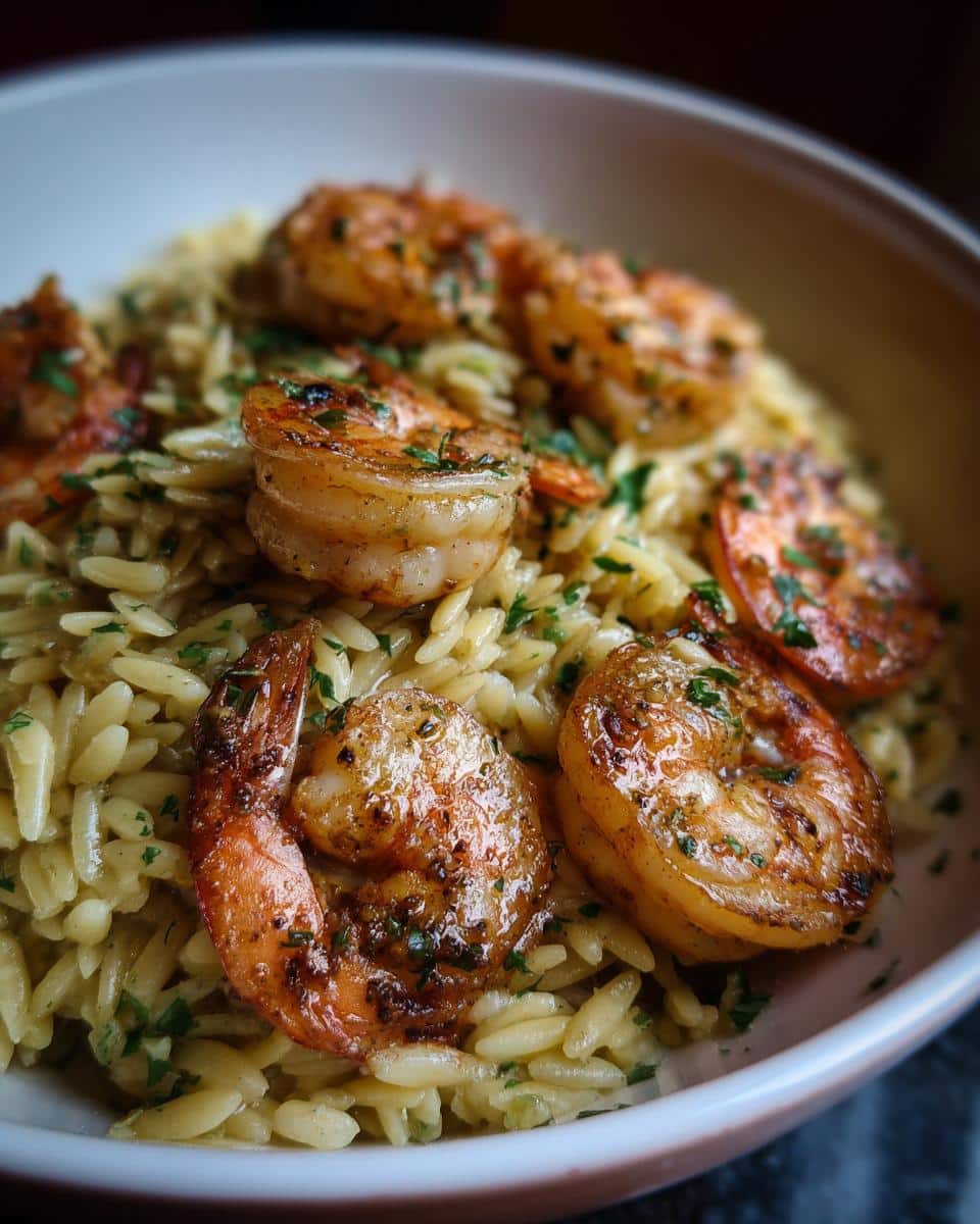 Bowl of Shrimp Orzo pasta, topped with seasoned shrimp and fresh parsley.