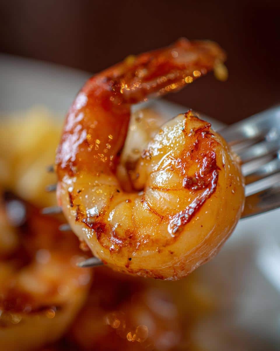 A close-up of a perfectly cooked shrimp on a fork, part of a Shrimp Orzo dish.