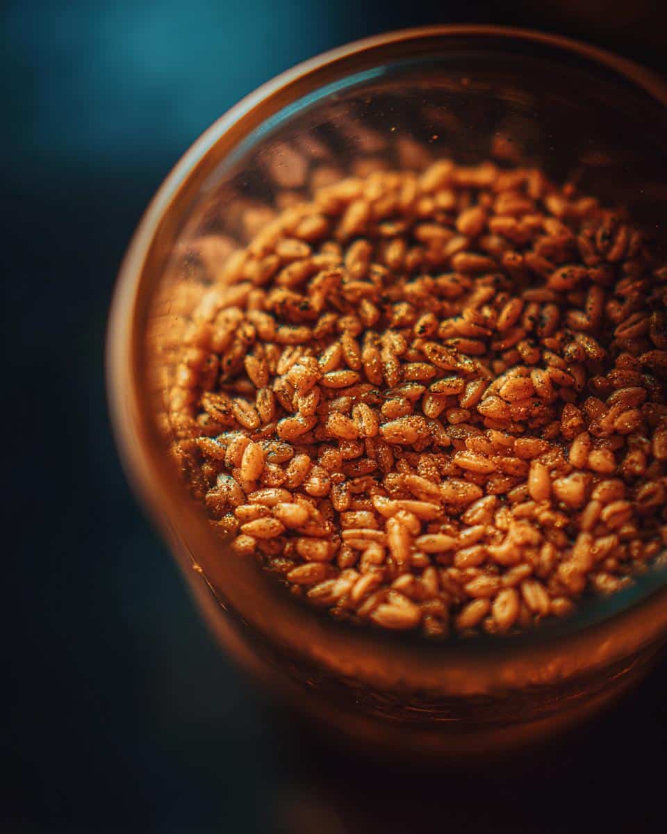Close-up of seasoned orzo pasta in a glass container, ready for a shrimp orzo recipe.