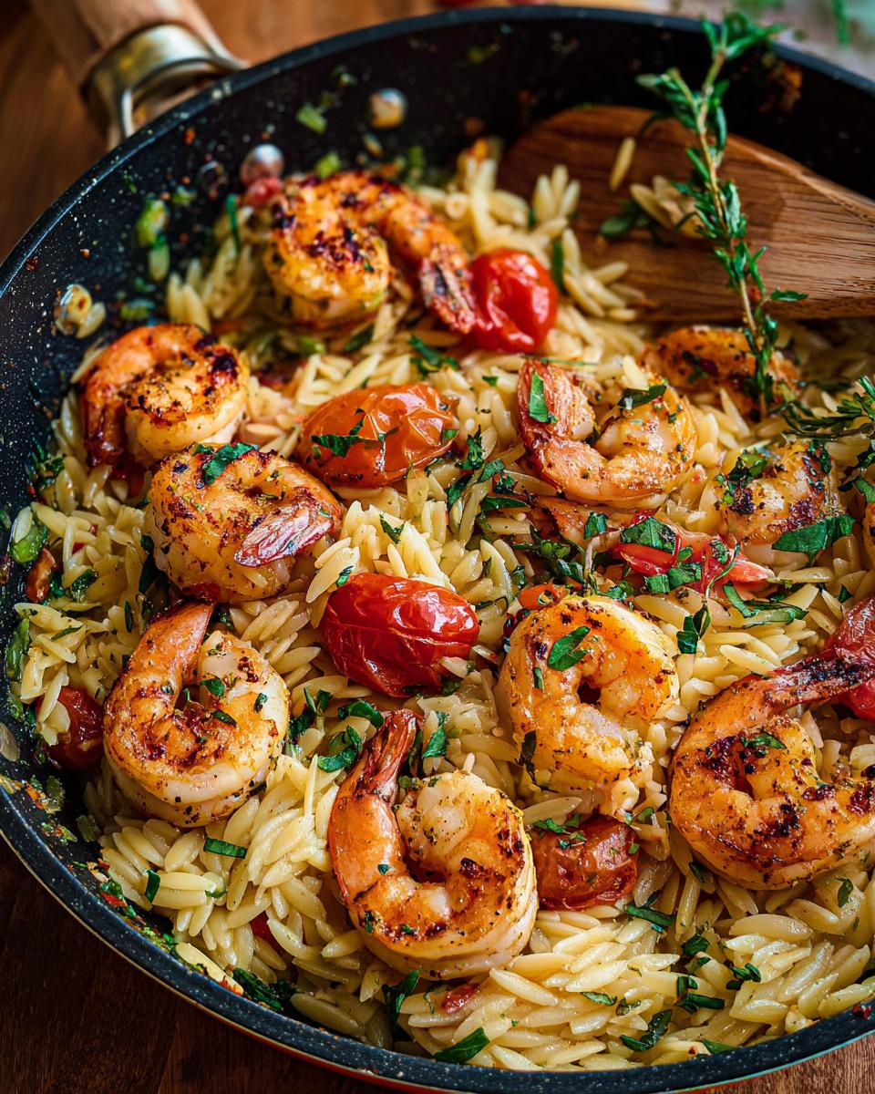 A pan of Shrimp Orzo with juicy shrimp, burst cherry tomatoes, and fresh herbs.