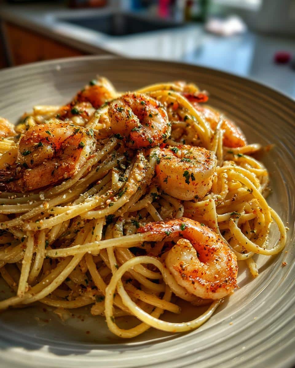 Close-up of shrimp recipes pasta, featuring perfectly cooked shrimp and spaghetti with herbs and seasonings.