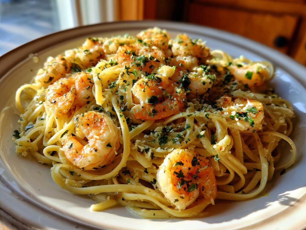 Plate of shrimp recipes pasta, featuring linguine, succulent shrimp, herbs, and a light sauce.