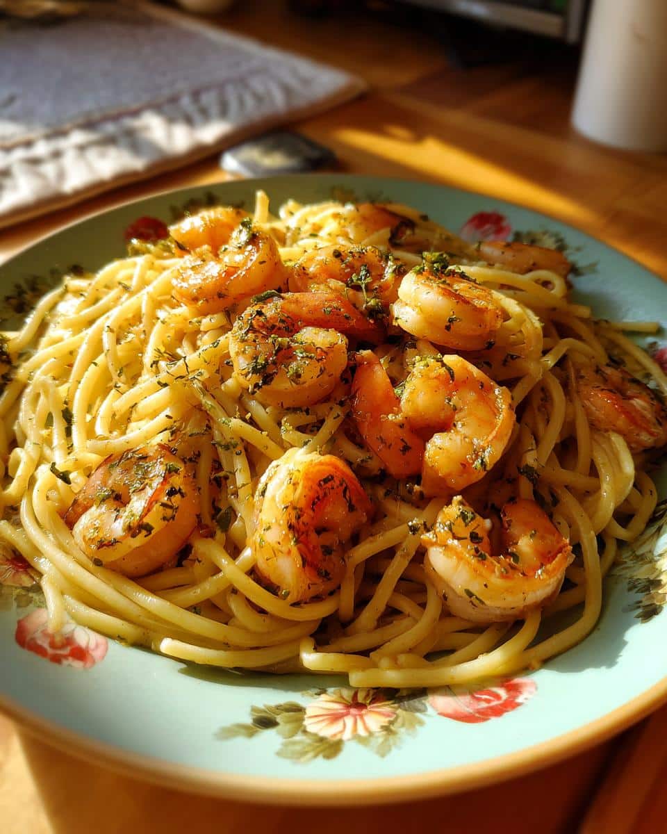 A plate of shrimp recipes pasta, featuring spaghetti topped with seasoned shrimp and herbs.