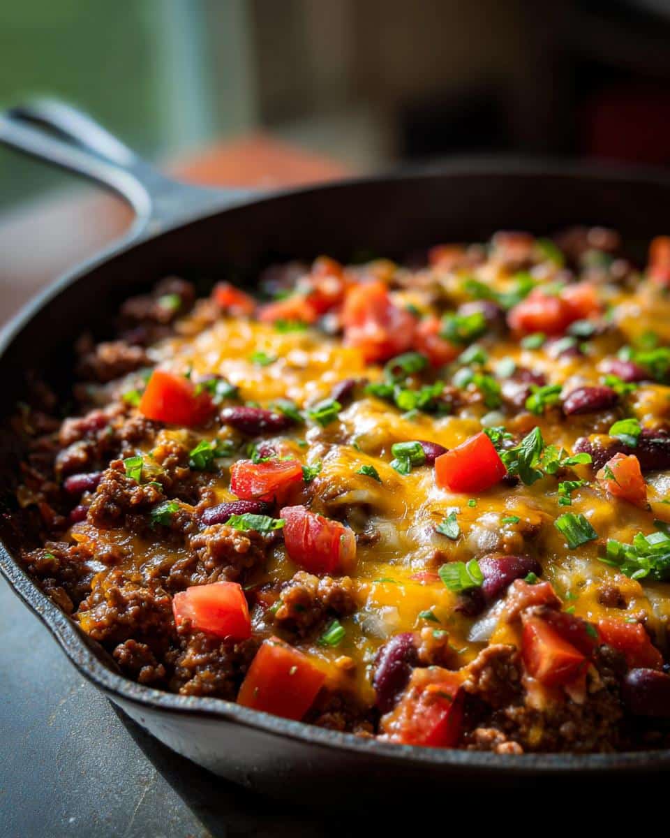 A skillet filled with a cheesy ground beef recipe, featuring beans, diced tomatoes, and fresh herbs.