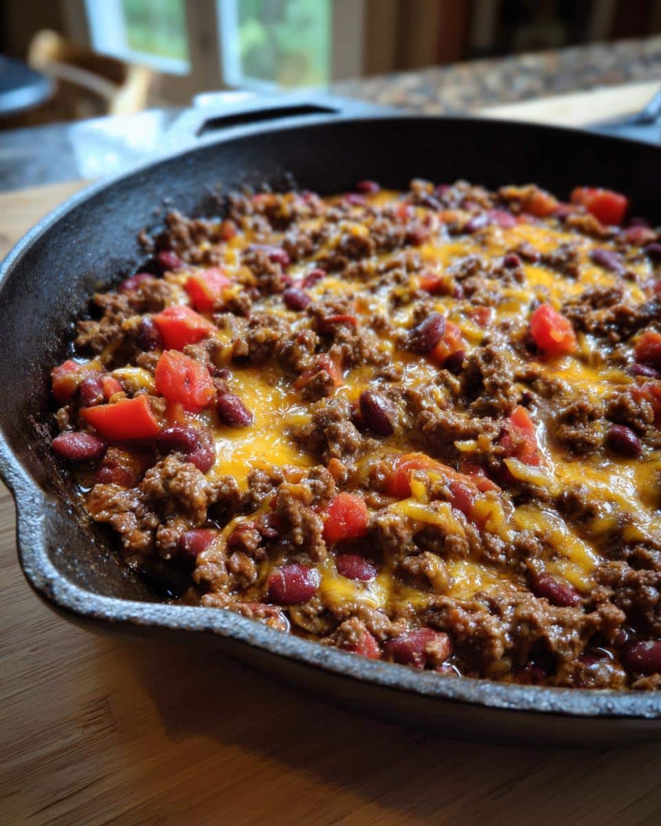 A skillet filled with a ground beef recipe, featuring beans, tomatoes, and melted cheese.