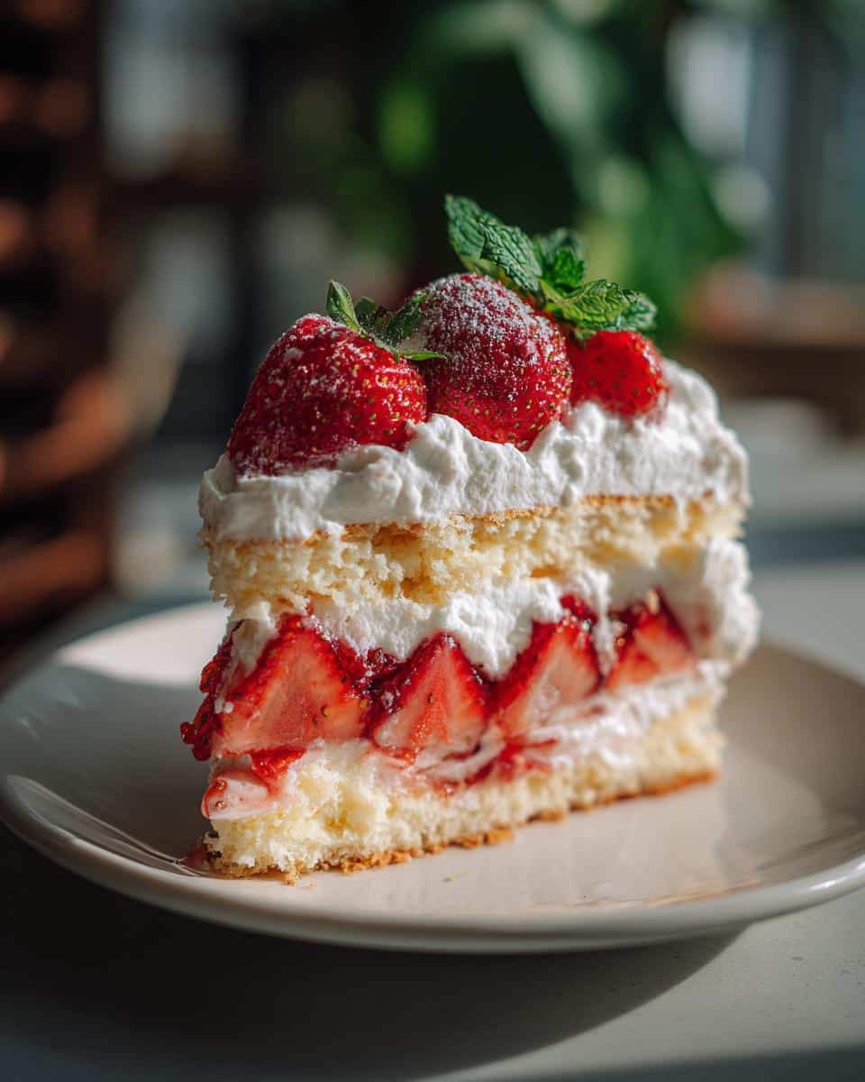 A delicious slice of strawberry shortcake featuring layers of strawberries, whipped cream, and cake, garnished with mint.