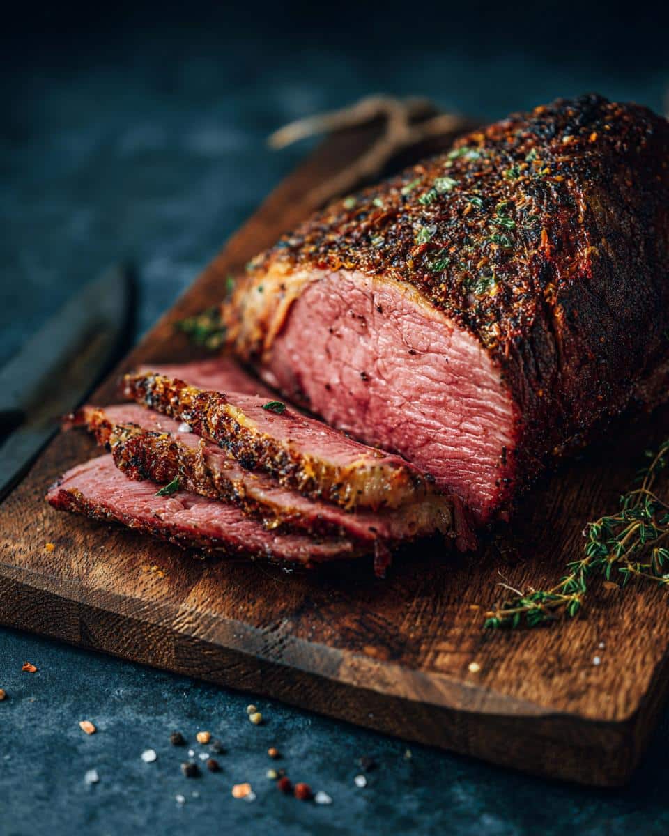 Delicious sliced corn beef on a wooden board, ready for a corn beef and cabbage recipe.