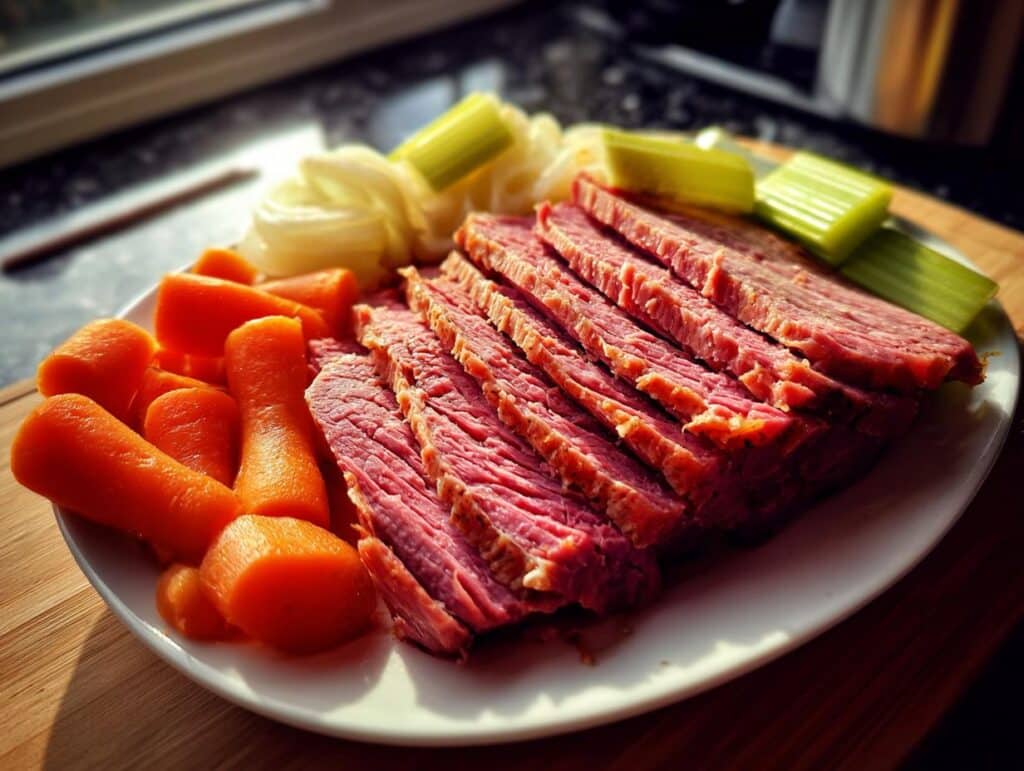 Sliced corned beef with carrots, celery, and onions, perfect for slow cooker corned beef recipes.