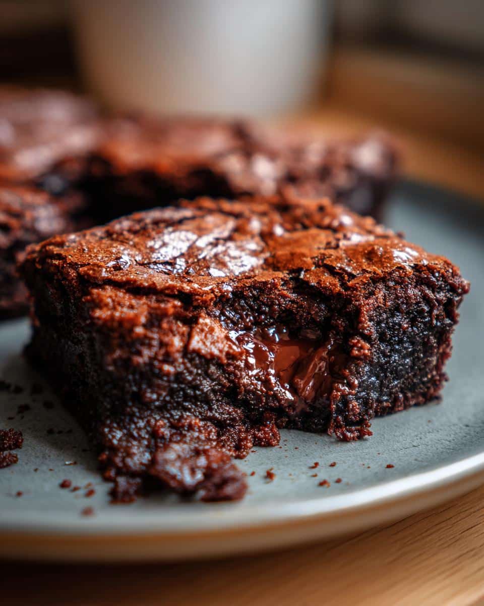 A close-up of a fudgy sourdough brownies recipe with a gooey center on a gray plate.
