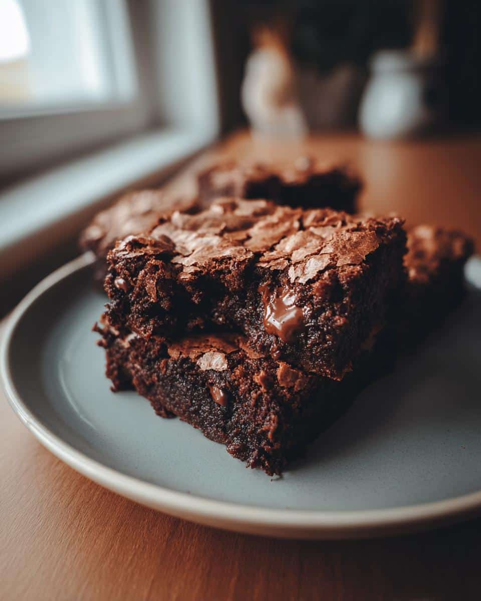 Close-up of stacked sourdough brownies with melted chocolate on a plate. Follow our sourdough brownies recipe!