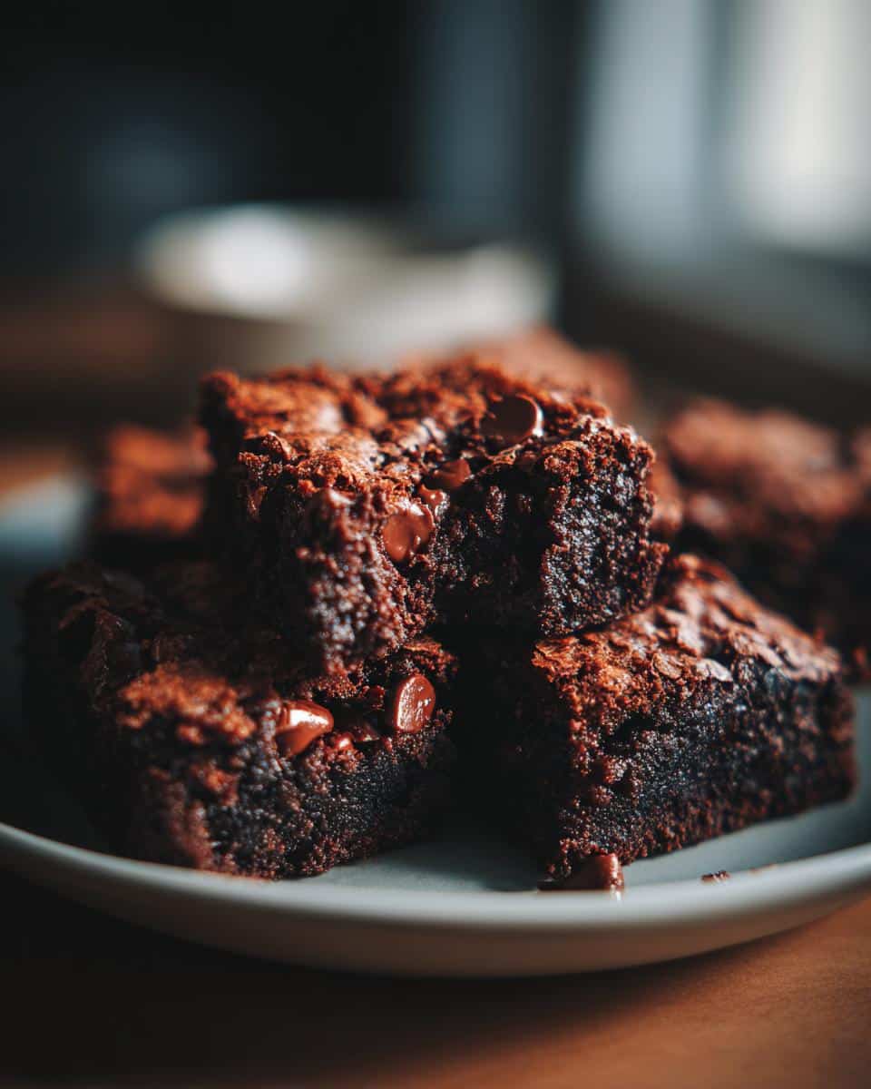 A stack of fudgy sourdough brownies with chocolate chips on a white plate, ready to eat.
