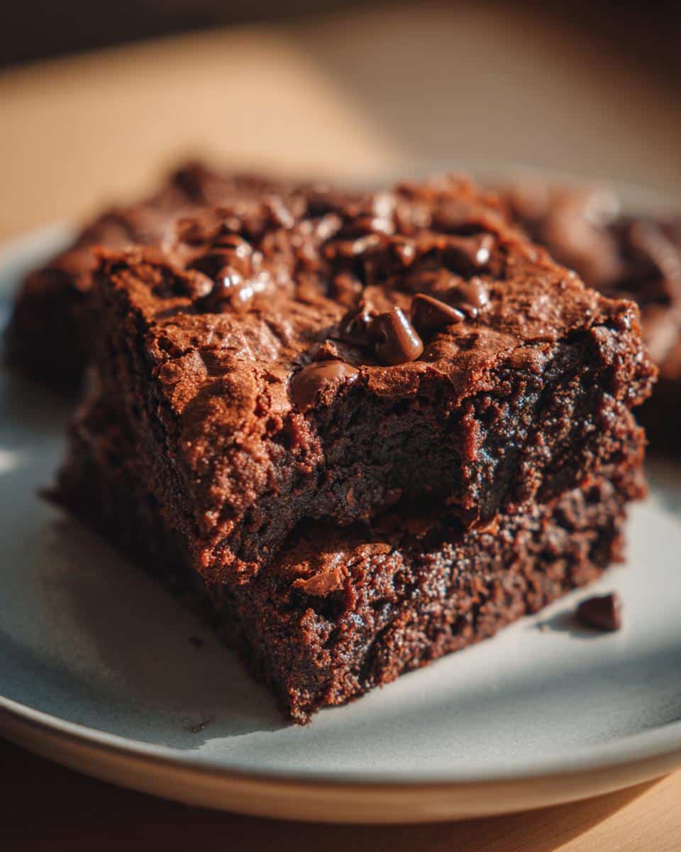 A stack of two rich sourdough brownies topped with chocolate chips on a plate.