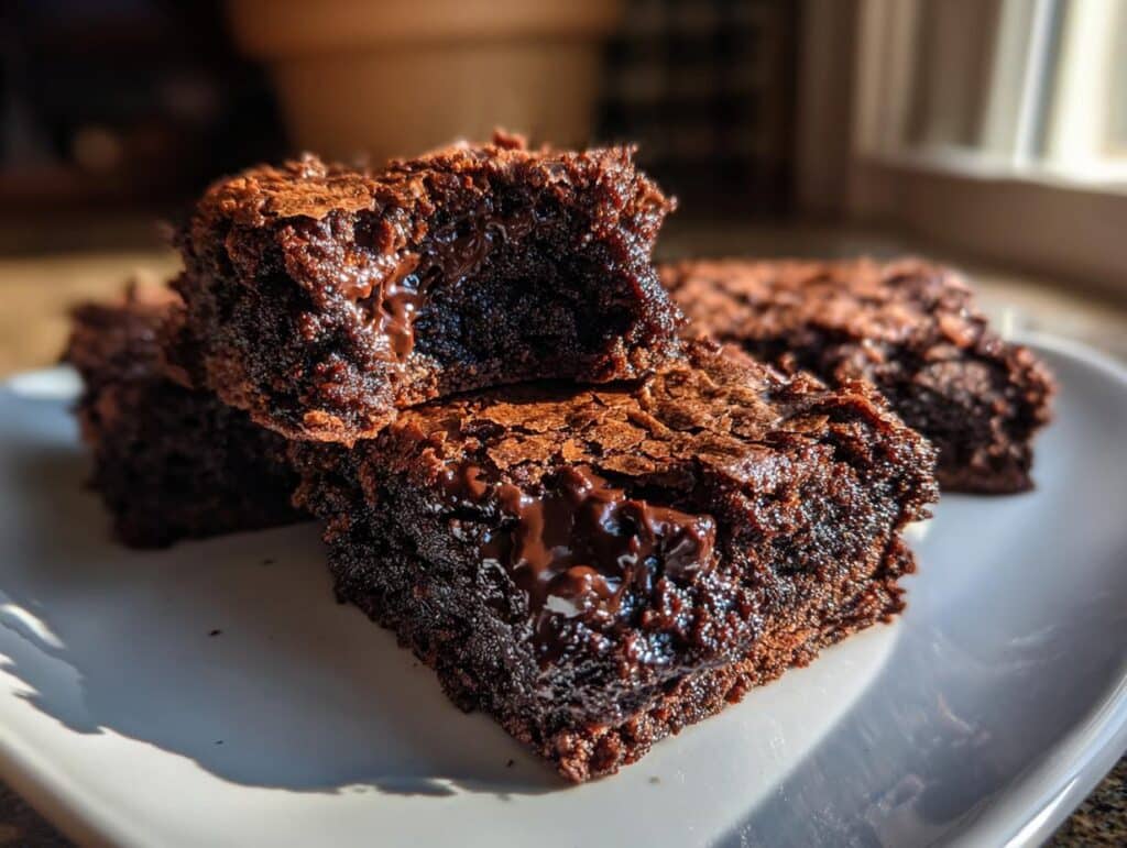 A stack of fudgy sourdough brownies with melted chocolate chunks on a white plate.