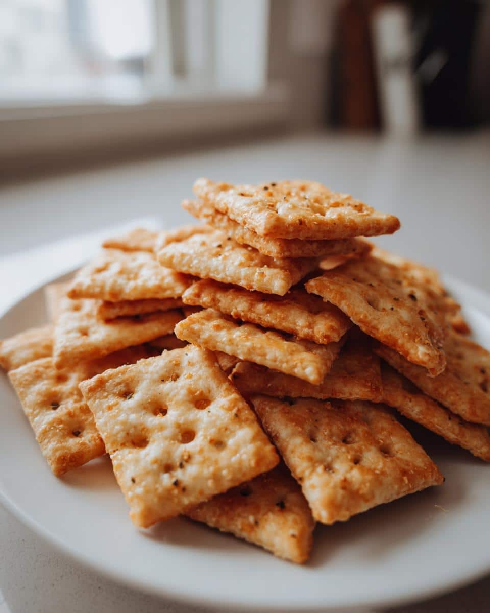 A stack of homemade sourdough cheez its on a white plate, showcasing their golden-brown color and crispy texture.