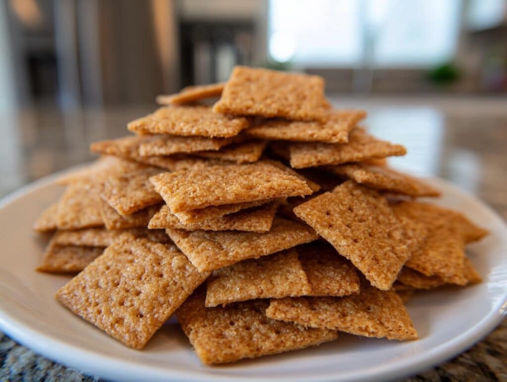 A stack of homemade sourdough cheez its on a white plate, showcasing their crispy texture and golden-brown color.