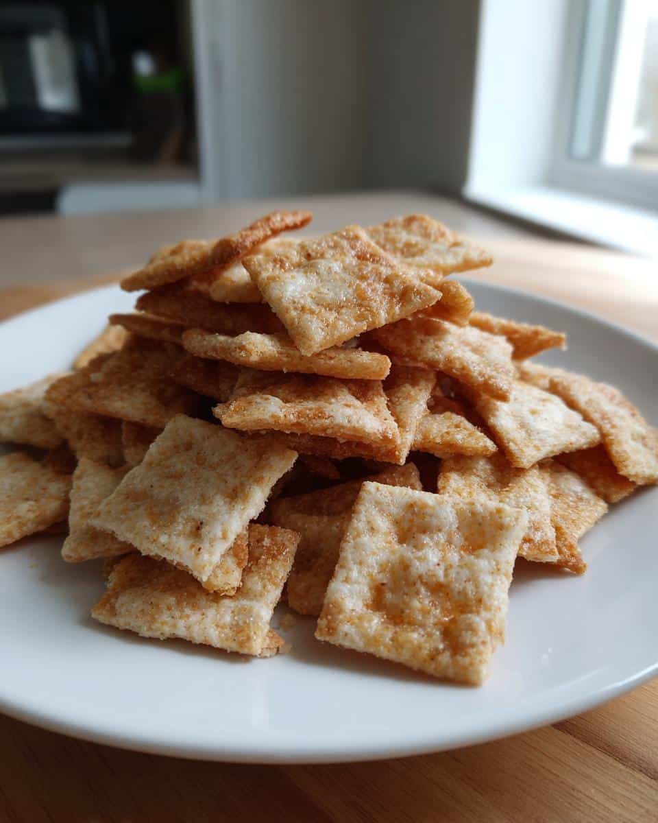 A pile of golden, crispy homemade sourdough cheez its on a white plate, ready to be enjoyed.