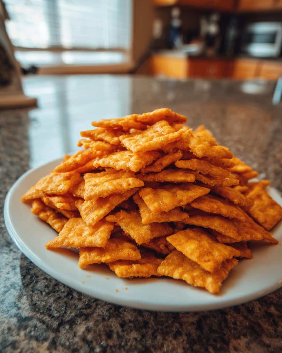 A plate piled high with homemade sourdough cheez its, showcasing their golden-orange color and crispy texture.