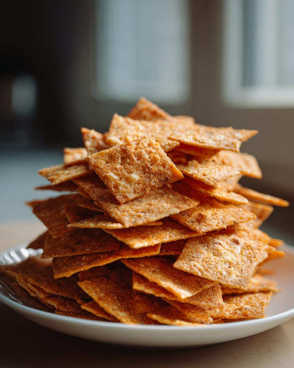 A tall stack of homemade sourdough cheez its on a white plate, showcasing their crispy texture.