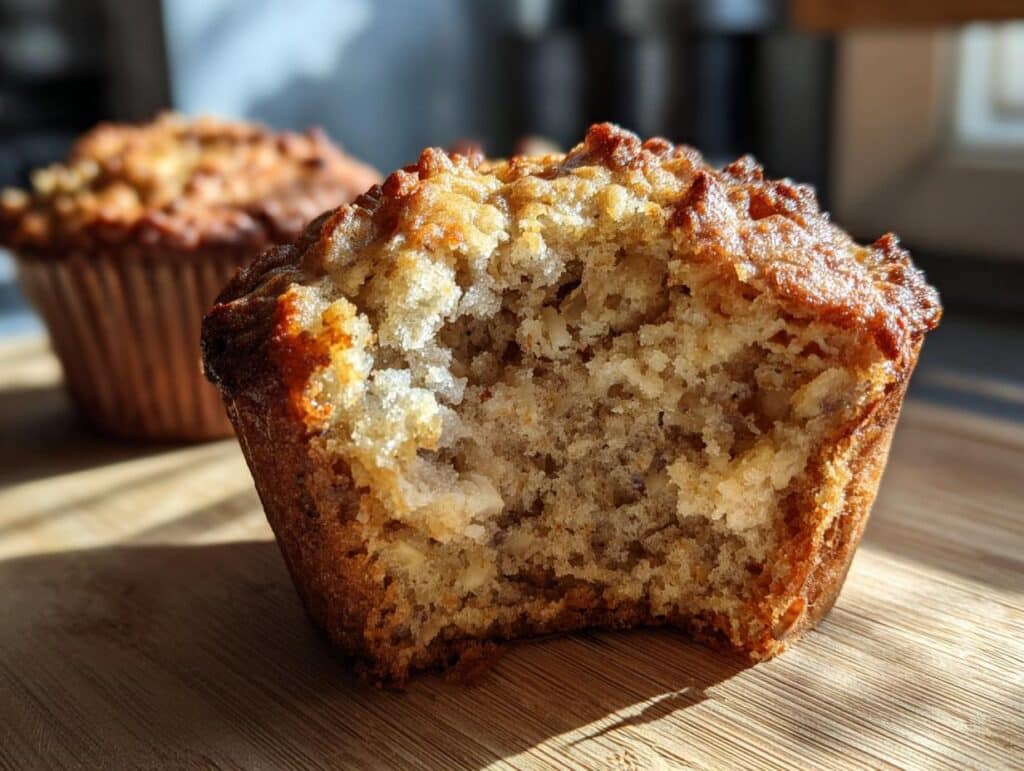 Close-up of a sourdough discard banana muffin with a bite taken out, showing the soft texture inside.