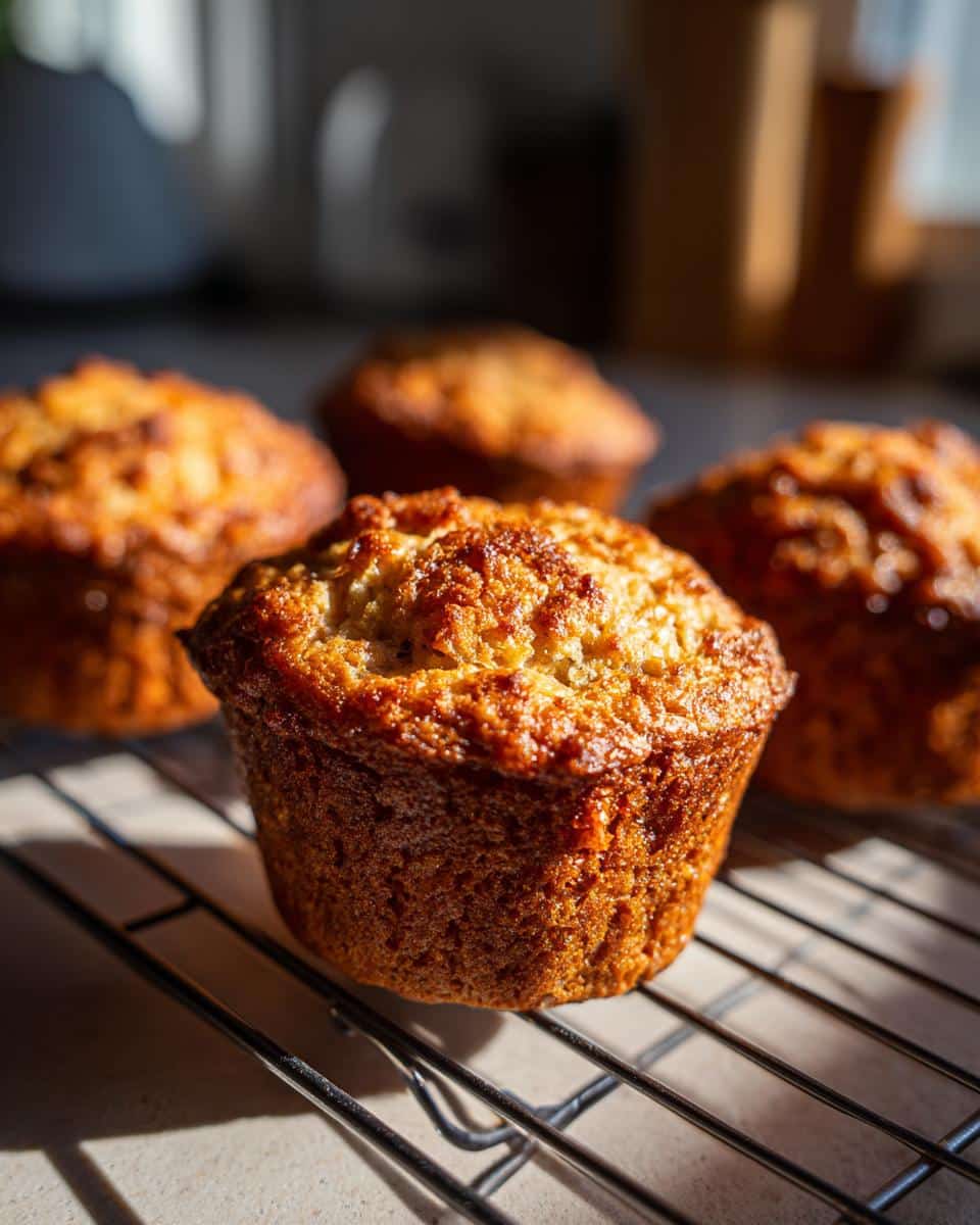 Close-up of freshly baked sourdough discard banana muffins cooling on a wire rack.