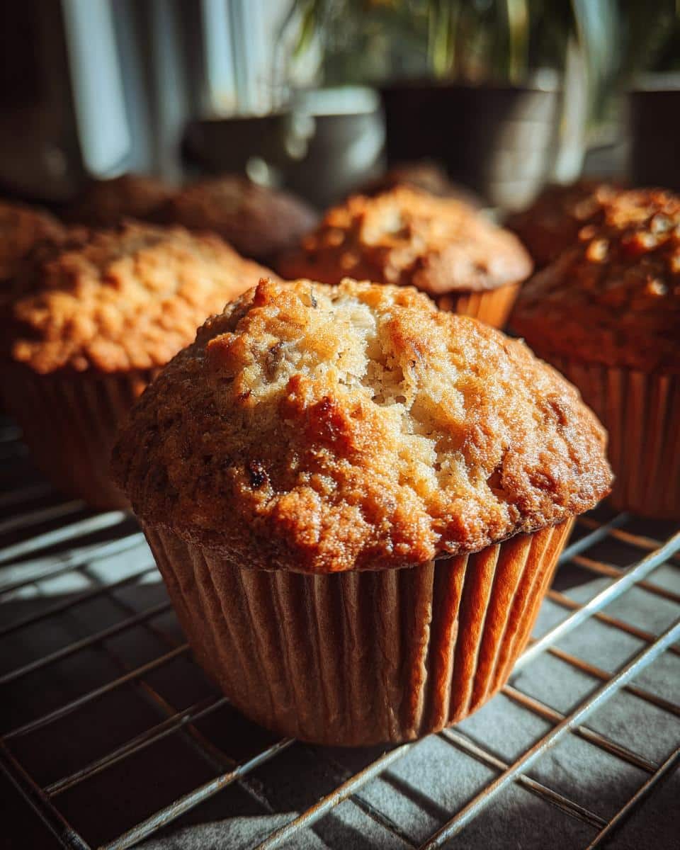 Close-up of sourdough discard banana muffins cooling on a wire rack, with a golden-brown crust.