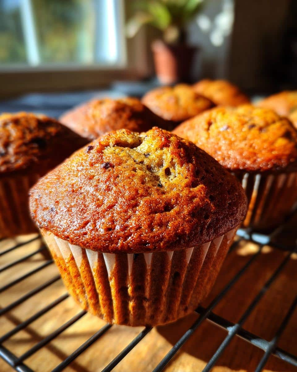 Close-up of freshly baked sourdough discard banana muffins cooling on a wire rack.