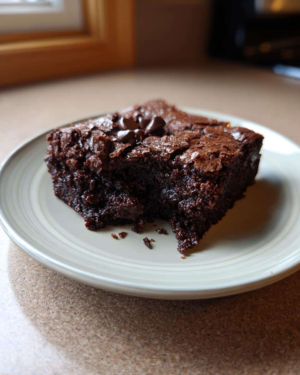 A partially eaten sourdough discard brownie on a plate, topped with chocolate chips.