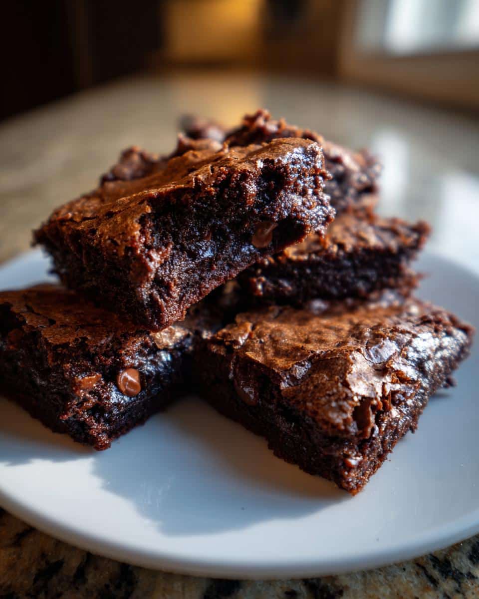 A stack of freshly baked sourdough discard brownies on a white plate, showing their rich, dark chocolate color.