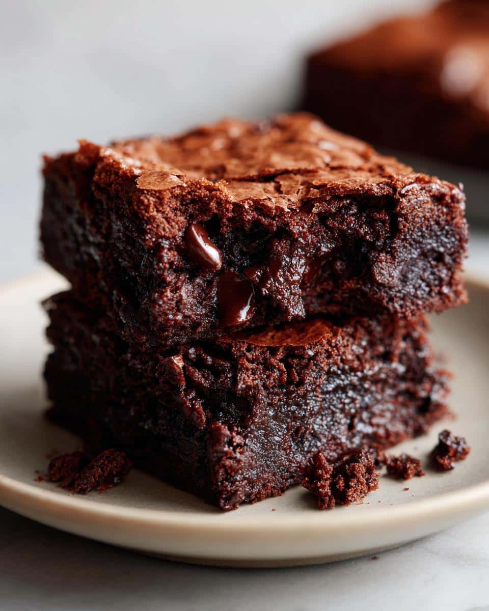 Two fudgy sourdough discard brownies stacked on a plate, with melted chocolate chips visible.