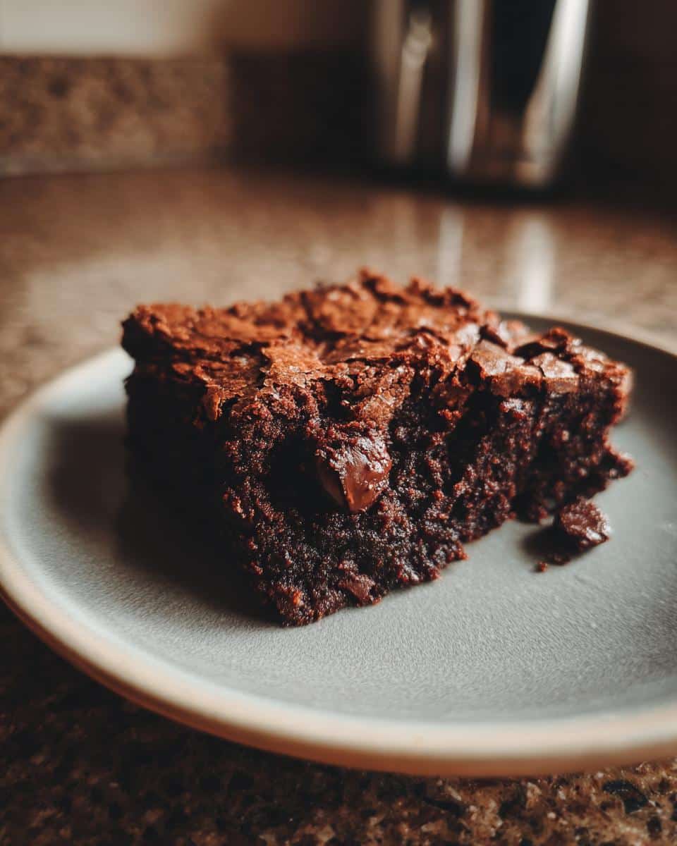 A single sourdough discard brownie on a plate, showcasing its rich, fudgy texture and chocolate chips.