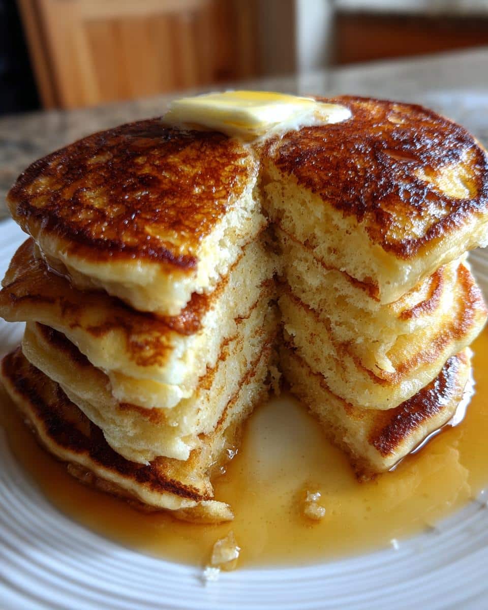 Stack of fluffy sourdough discard pancakes topped with butter and syrup, showcasing a delicious sourdough discard recipes.