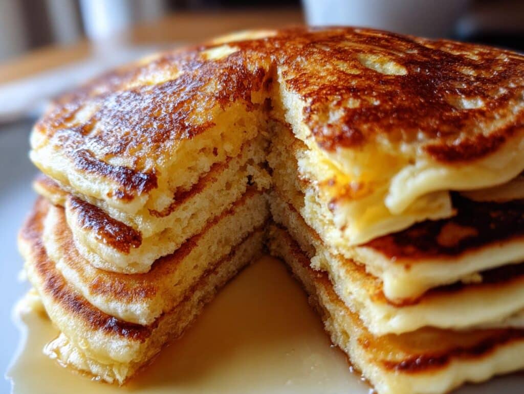 A stack of golden brown pancakes made with sourdough discard recipes, drizzled with syrup.
