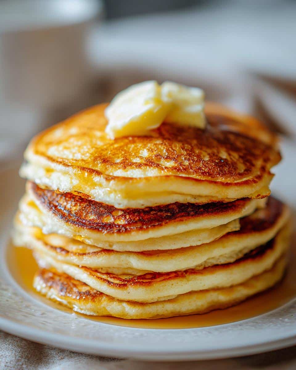 Stack of fluffy sourdough discard pancakes topped with butter and syrup on a white plate.