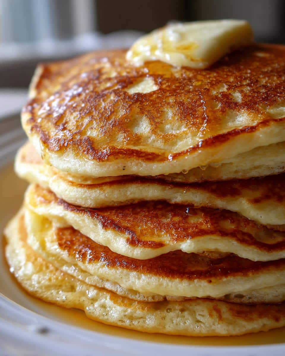 A stack of golden sourdough discard pancakes topped with melting butter and syrup.