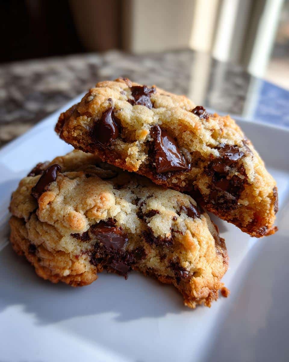 Two stacked chocolate chip cookies, one broken in half to show melted chocolate chips inside.