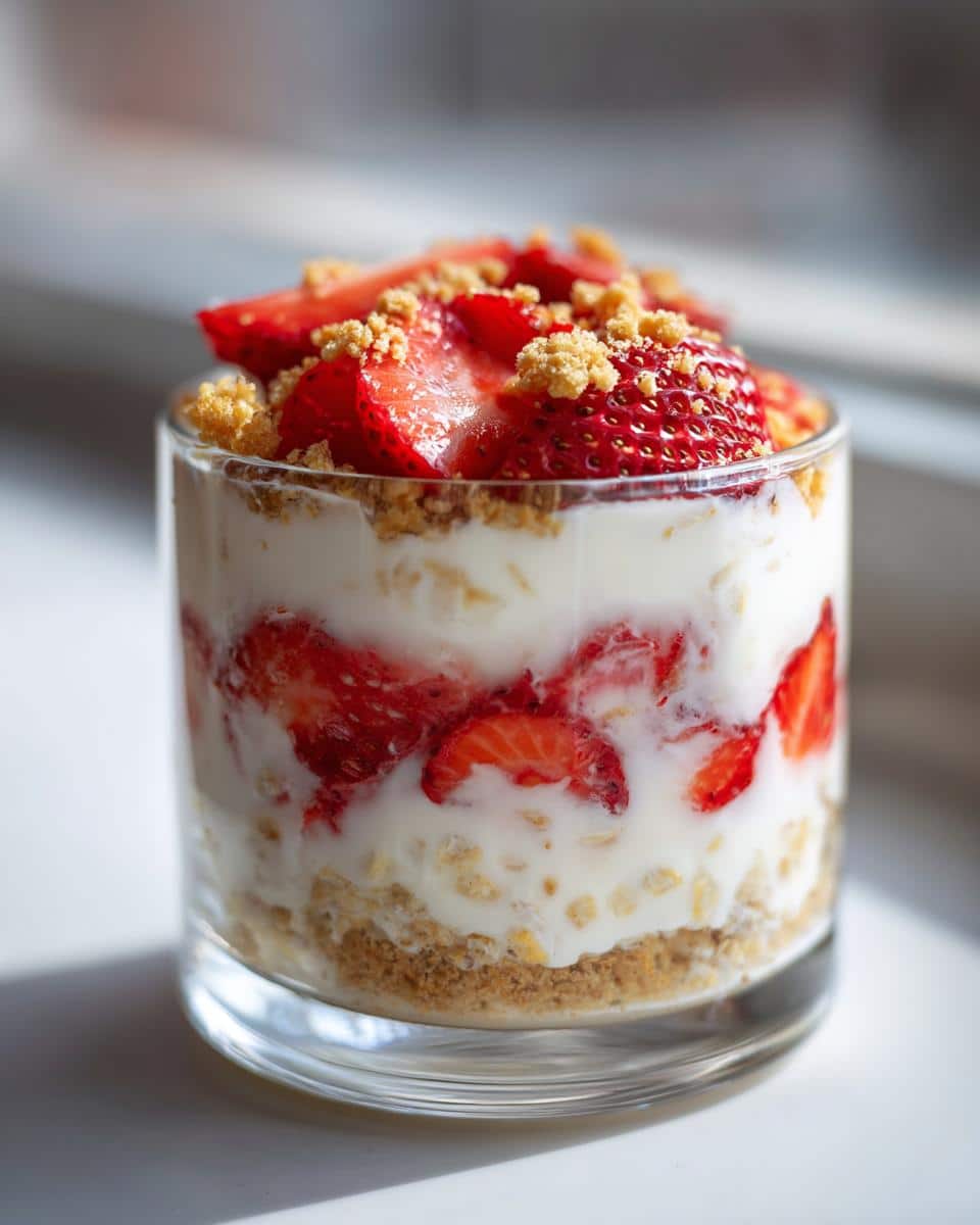 A glass filled with strawberry cheesecake overnight oats, featuring layers of strawberries, oats, and a crumble topping.