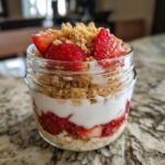 Close-up of strawberry cheesecake overnight oats layered in a glass jar with fresh strawberries and graham cracker crumble.