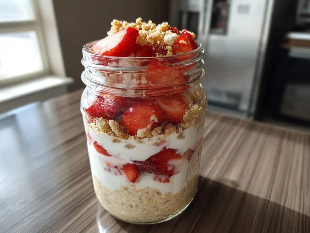 Jar of strawberry cheesecake overnight oats layered with oats, yogurt, strawberries, and graham cracker crumbs.