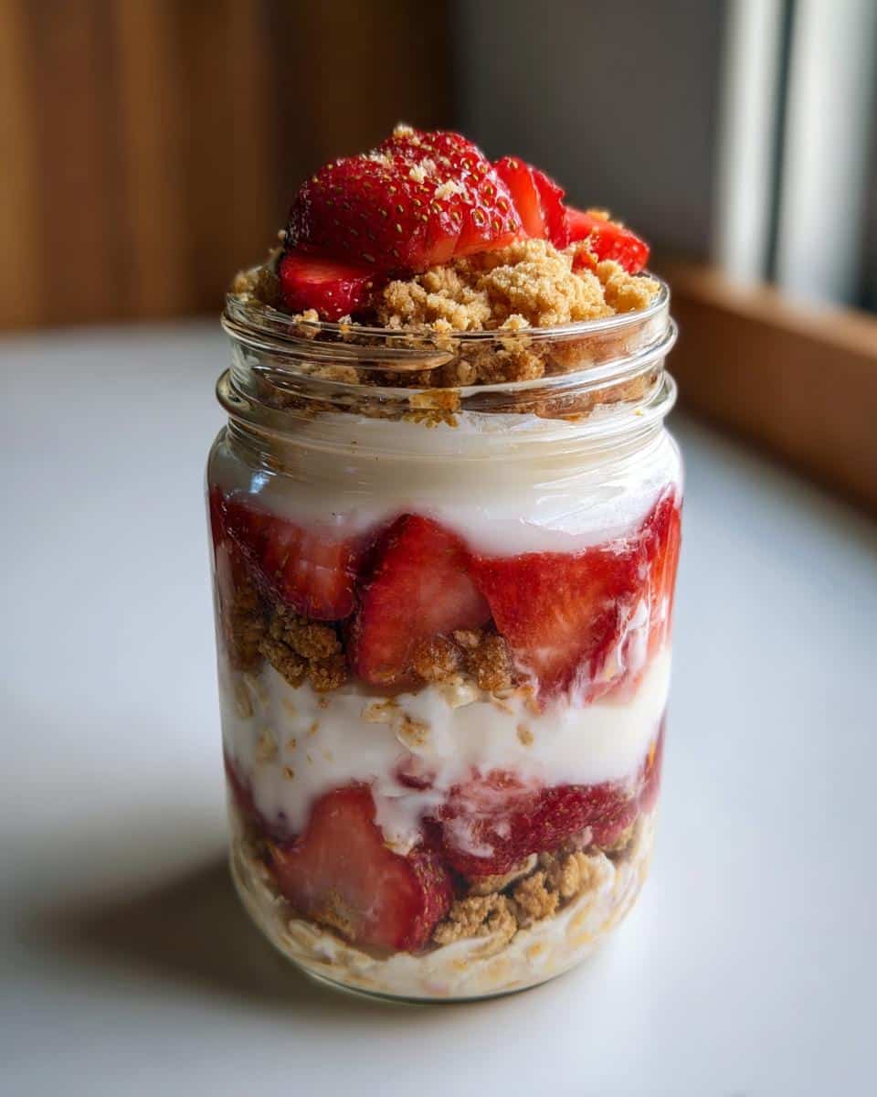 Jar of strawberry cheesecake overnight oats layered with strawberries, oats, cheesecake filling, and graham cracker crumble.