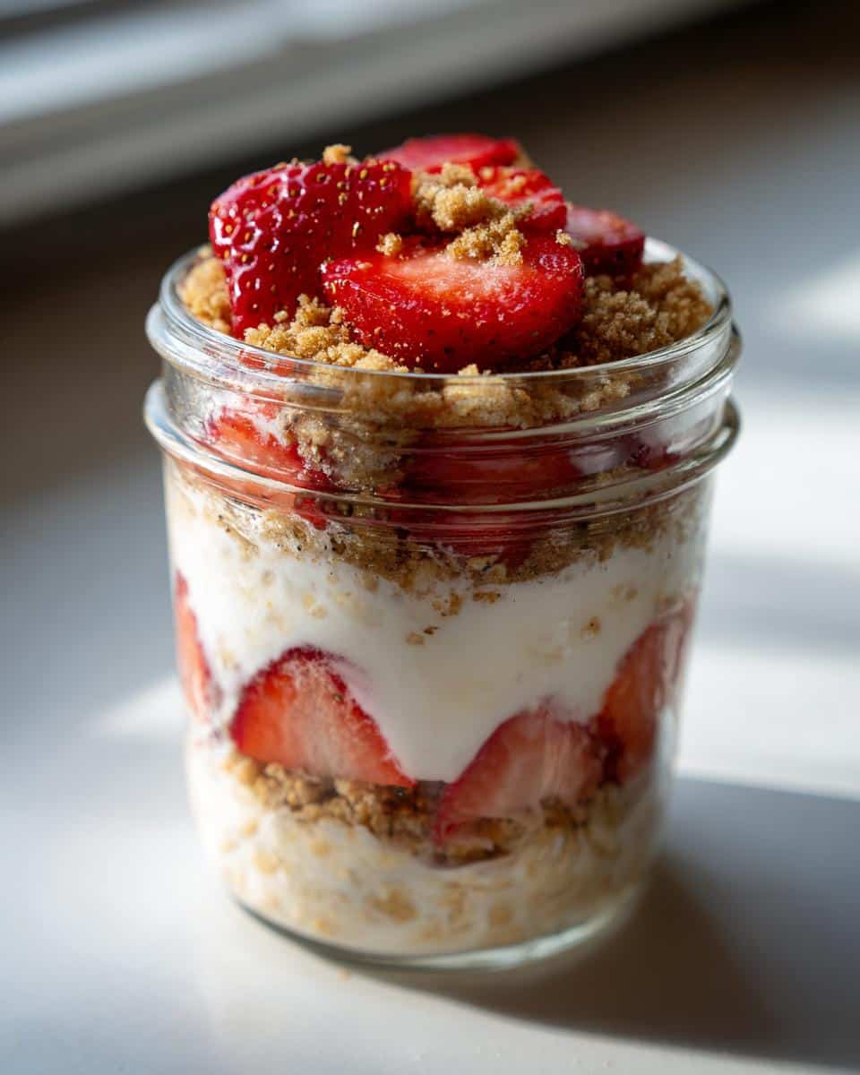 Jar of strawberry cheesecake overnight oats with layers of oats, strawberries, cream, and graham cracker crumbs.