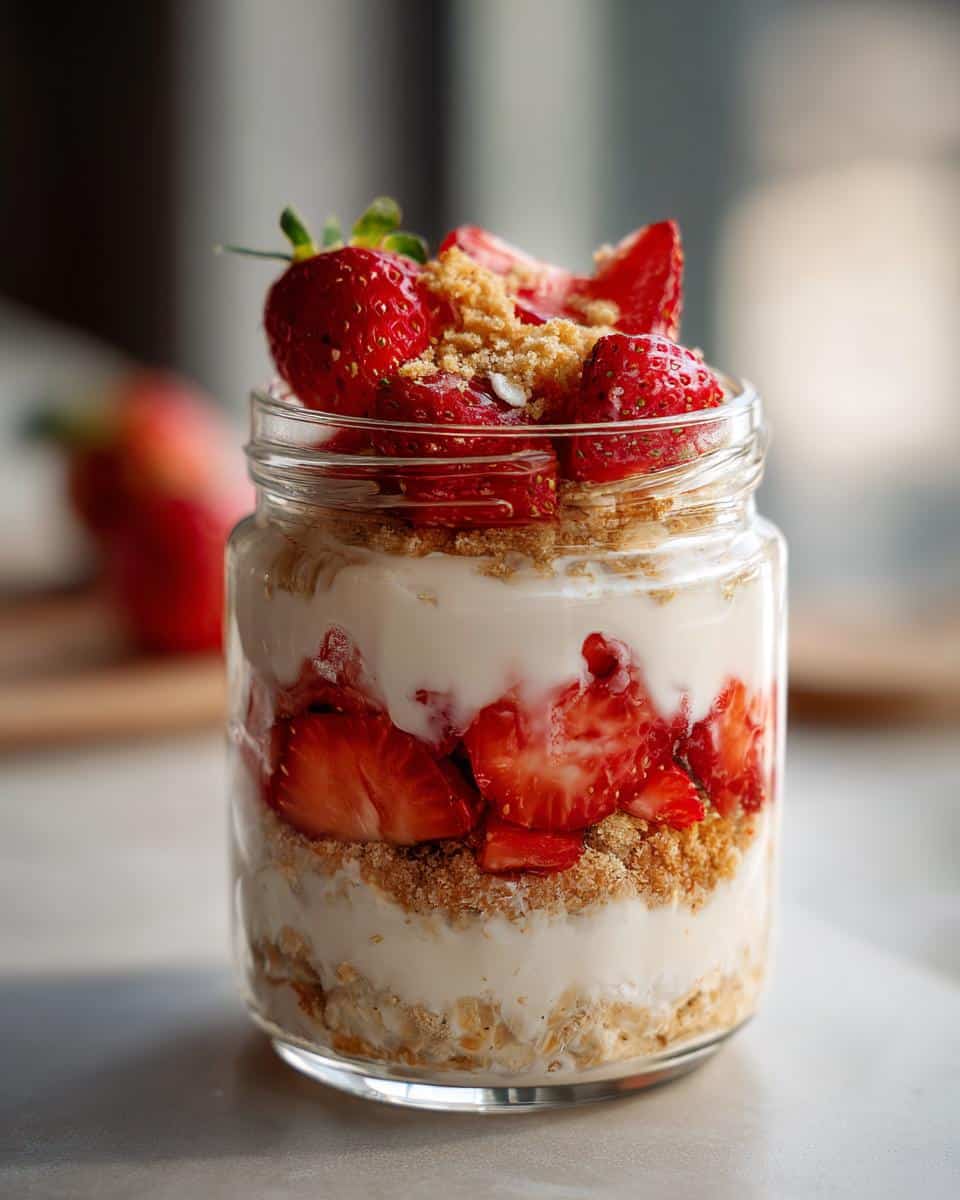 Layered strawberry cheesecake overnight oats in a glass jar, topped with fresh strawberries and graham cracker crumbs.