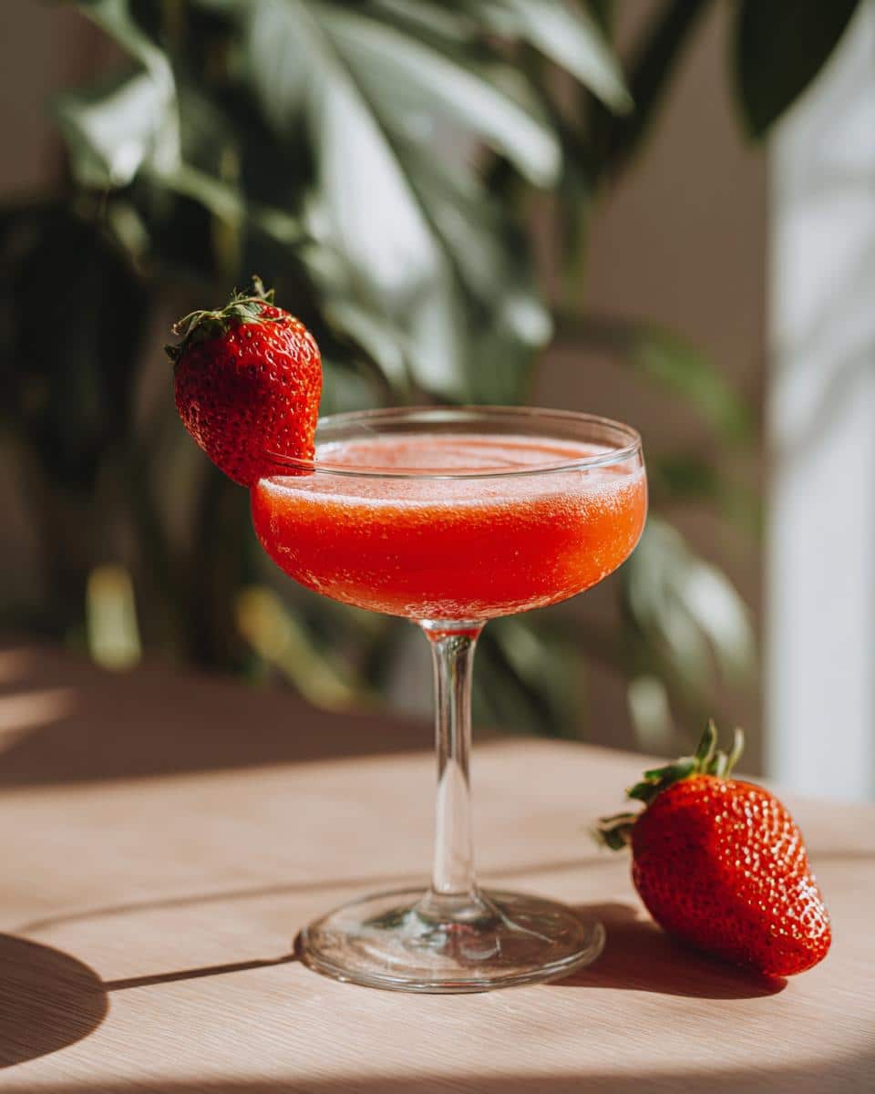 A vibrant strawberry daiquiri recipe cocktail in a stemmed glass, garnished with a fresh strawberry.