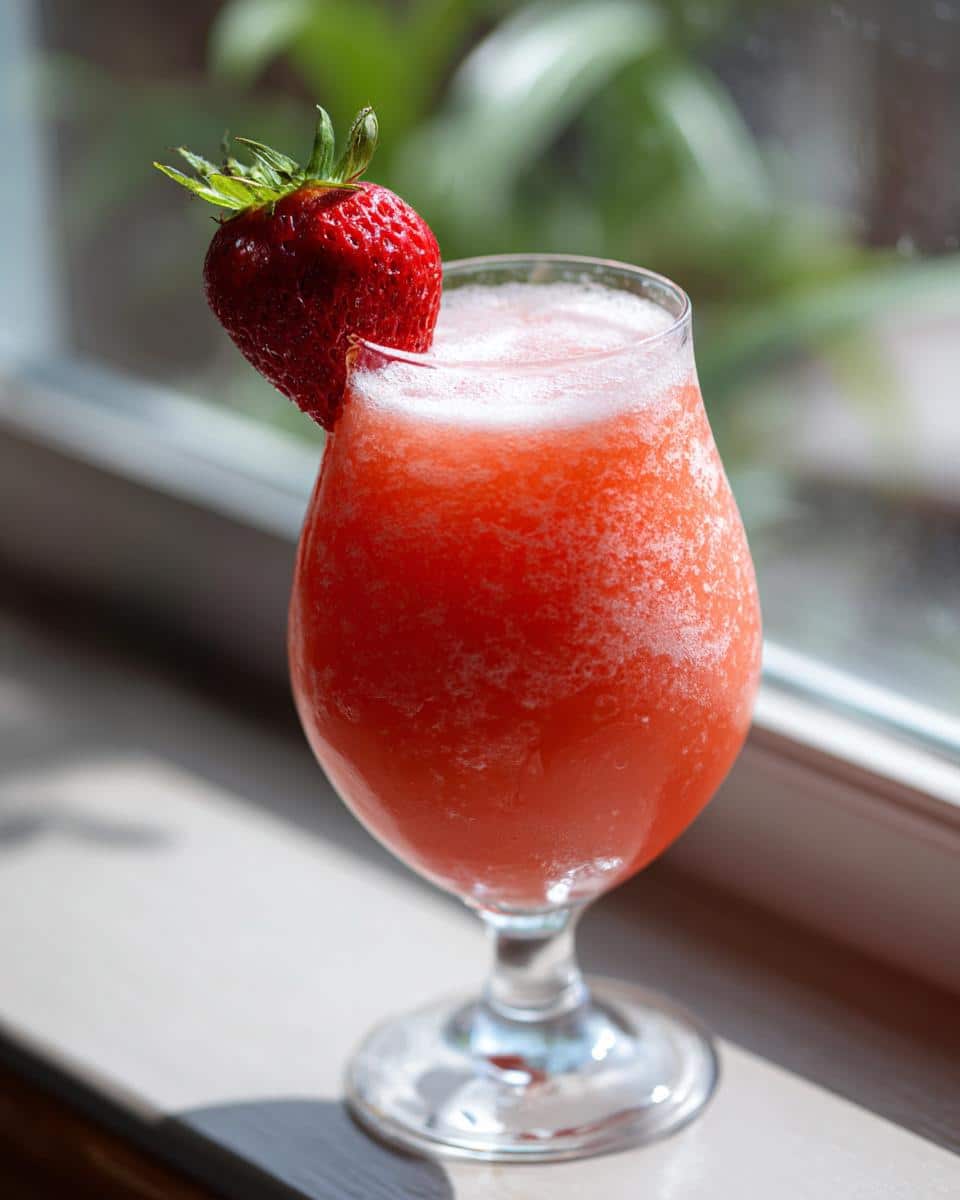 A glass of strawberry daiquiri recipe drink garnished with a fresh strawberry on the rim.