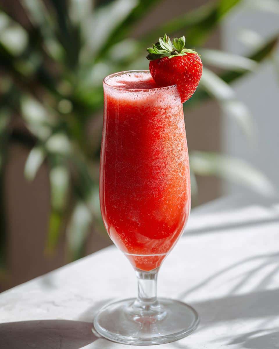 A vibrant strawberry daiquiri recipe in a tall glass, garnished with a fresh strawberry.