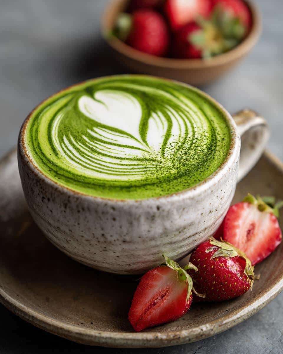 A beautiful Strawberry Matcha Latte with latte art, served with fresh strawberries.