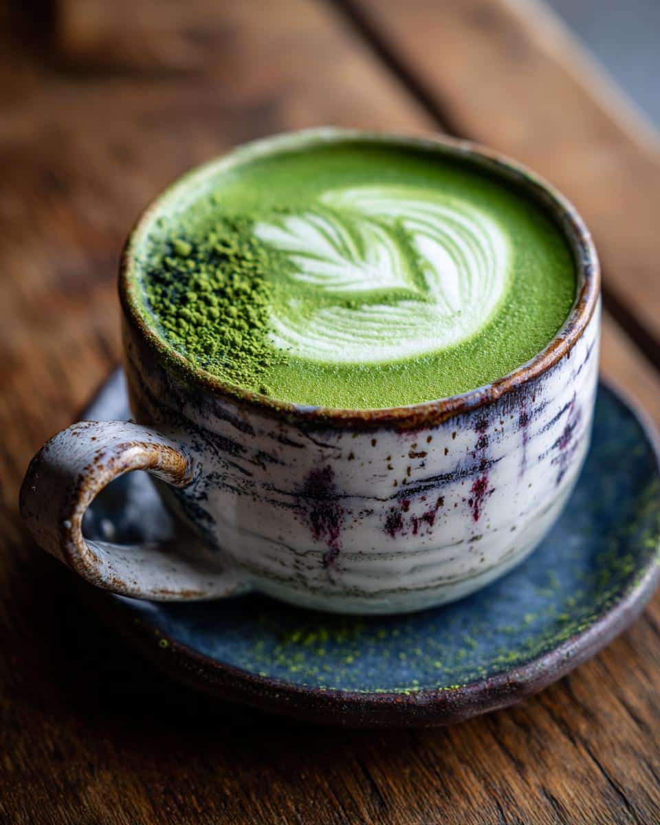 A close-up of a vibrant green strawberry matcha latte with latte art in a rustic ceramic cup.