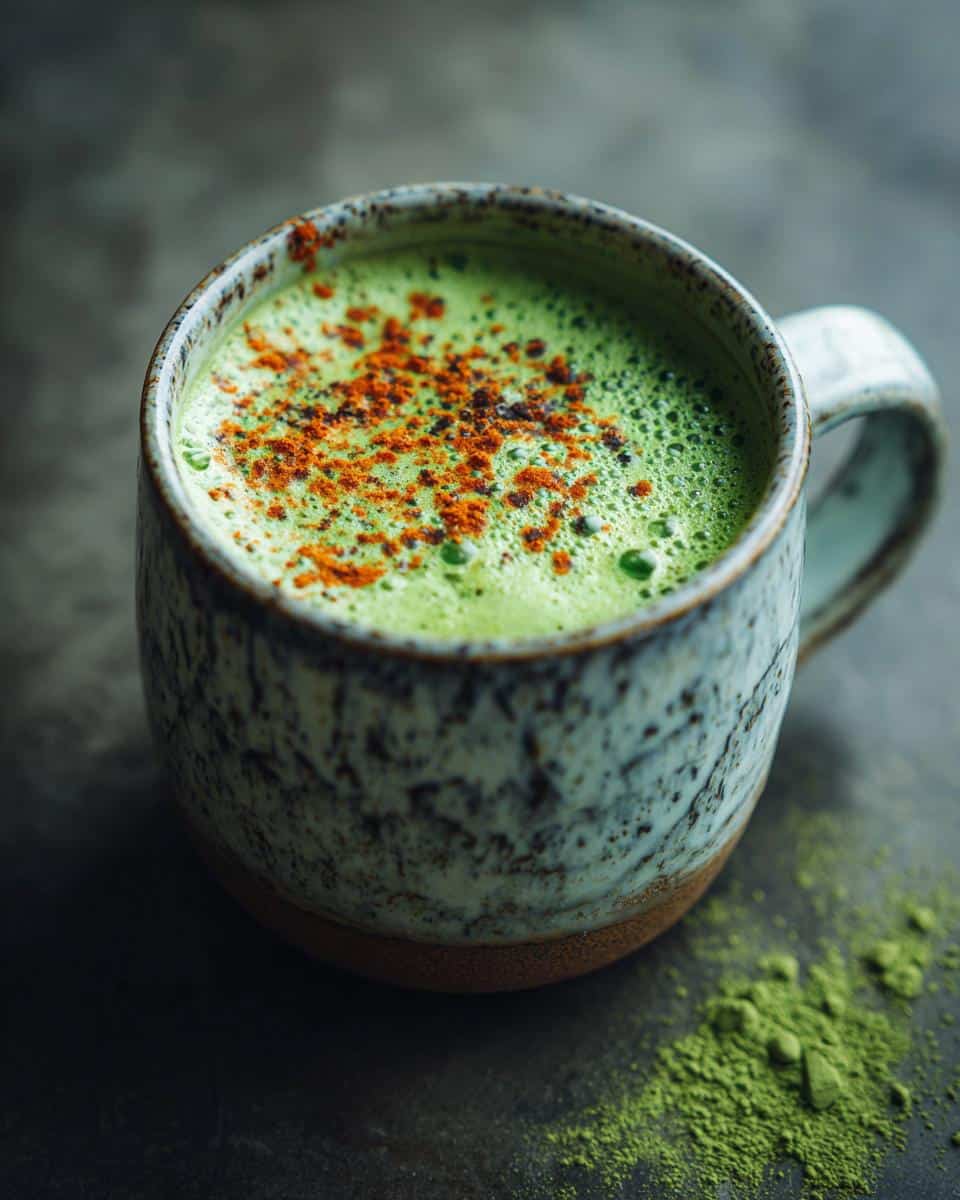 Close-up of a vibrant green strawberry matcha latte in a ceramic mug, topped with strawberry powder.