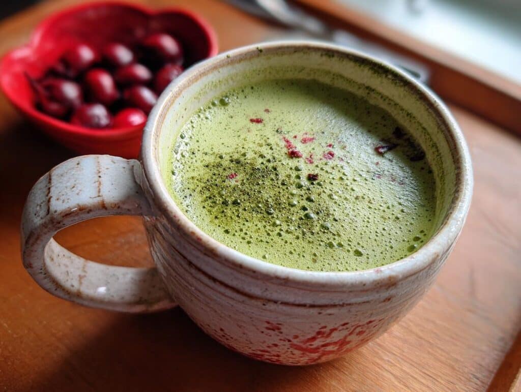 A frothy strawberry matcha latte in a ceramic mug, garnished with strawberry pieces, next to a bowl of strawberries.