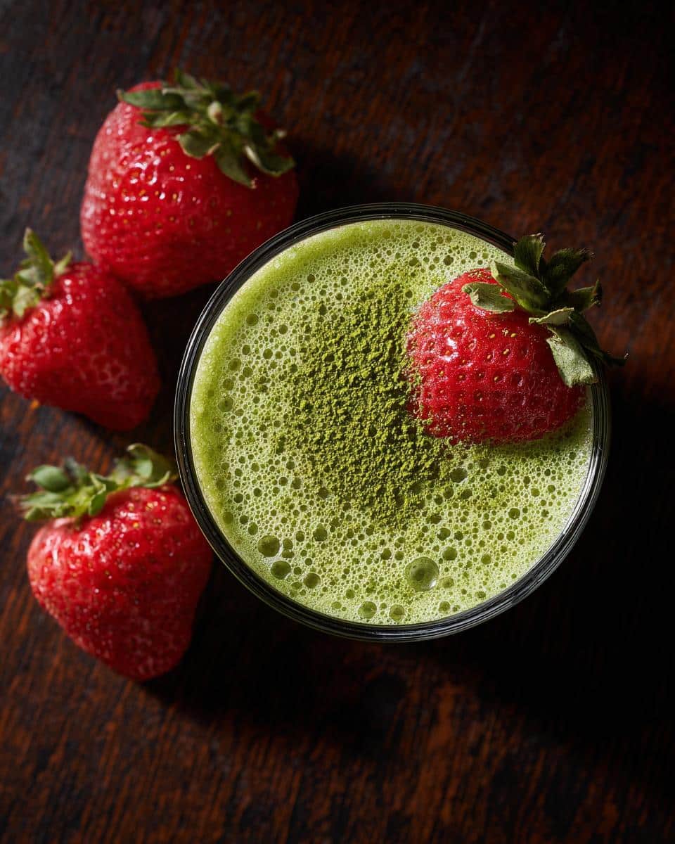 Overhead shot of a strawberry matcha latte in a glass, garnished with fresh strawberries on a dark wood surface.